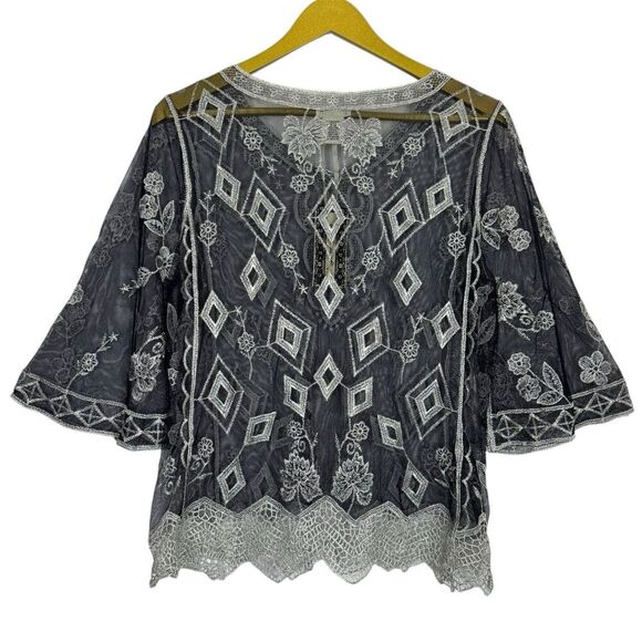 Ultra Pink Mesh Embroidered Tunic Top Size M Gray Silver Fairy Grunge Whimsigoth - Picture 2 of 10